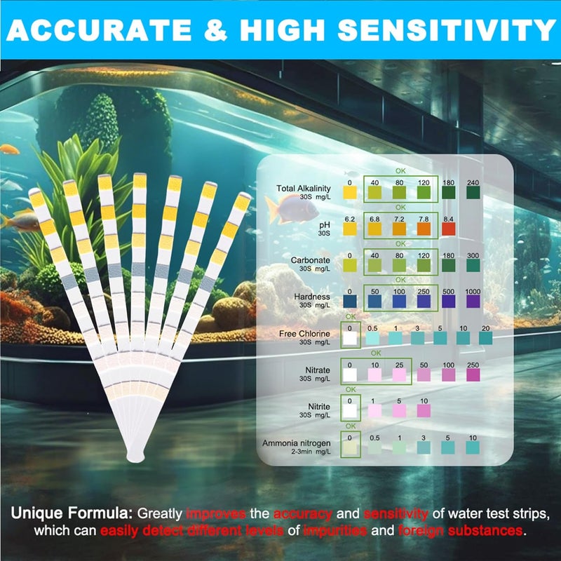 DATOO 8 in 1 Aquarium Test Kit Fish Tank Test Strips Accurate Water Quality Testing Strips for Ammonia PH Total Alkalinity Carbonate Hardness Free Chlorine Nitrate Nitrite Temperature (100 Strips) - Image 3